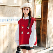 女童卡通针织背心套装，春秋季红色背心长袖，两件套童装儿童时尚衣服