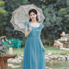 蓝莓之夜定染色手工花朵设计感修身显瘦罗马夏日蓝色连衣裙夏