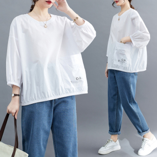 大码圆领套头白色衬衫女春夏，韩版宽松设计感拼接大口袋七分袖衬衣