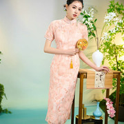 复古中式奢华高定礼服橘粉色钉珠亮片高级感气质改良旗袍连衣裙夏