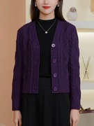 紫色长袖针织衫女士开衫2024春秋季重工钩花毛衣气质减龄上衣