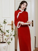 新中式红色旗袍拜年礼服女冬季改良年轻款，少女复古国风优雅敬酒服