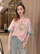新中式国风刺绣宽松正肩短袖T恤女士春季2024高级感拼接袖口上衣