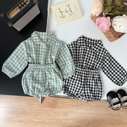 韩国同款男女儿童婴儿洋气格子衬衫上衣短裤面包裤套装宝宝薄款潮