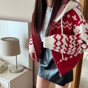 韩国东大门慵懒风，复古名族风圣诞拉链毛衣，开衫外套女加厚针织衫