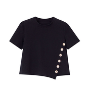 jiujiu不规则设计感黑色，t恤女短袖2020夏季短款心机上衣女
