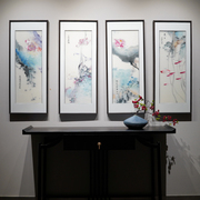 新中式水墨荷花荷香满堂，图带框纯手工刺绣，画客厅沙发背景成品挂画