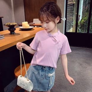女童短袖T恤夏装2024洋气儿童中国风盘扣上衣女孩纯色打底衫