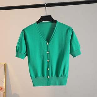 14针冰丝开衫夏季泡泡袖短袖绿色，v领外套短款t恤气质温柔风薄上衣