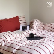 minimalconcept朱颜法式慵懒红色条纹全棉针织四件套床单