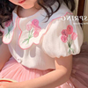 女童短袖衬衫2024夏季宝宝娃娃领衬衣洋气韩版女孩公主上衣潮