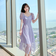 2022夏装超仙女甜美连衣裙法式香芋紫色蕾丝连衣裙子