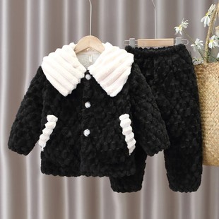 冬季韩版儿童法兰绒女童睡衣加厚夹棉保暖套装，亲子装珊瑚绒家居服