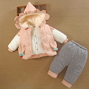 0一1岁女宝宝秋冬装分体款婴儿服袄外出外套童加厚棉衣三件套装季