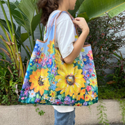 油画卡通环保购物袋超市可折叠大容量布袋子(布袋子，)单肩包旅行衣物收纳袋
