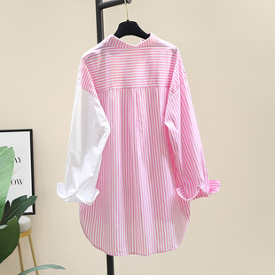 拼接粉色条纹衬衫女2024春装韩版设计感小众衬衣防晒衫薄外套
