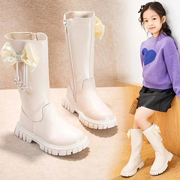 女童鞋子秋款2024女孩，小香风长靴子冬季儿童，白色高筒靴公主靴