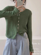 法式秋冬复古绿色，薄款针织开衫女长袖，上衣短款马海毛毛衣外套