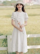 白色连衣裙少女夏装2024年初中高中学生泡泡袖甜美公主长裙子