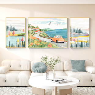 北欧田园风客厅装饰画，海边风景沙发，背景墙2024年壁画三联挂画