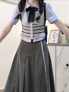 韩系套装女夏天奶，fufu条纹衬衫上衣，学院风百褶长裙两件套小个子