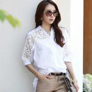 七分袖白衬衫女短袖，韩版宽松大码雪纺衫，蕾丝拼接中长款镂空上衣