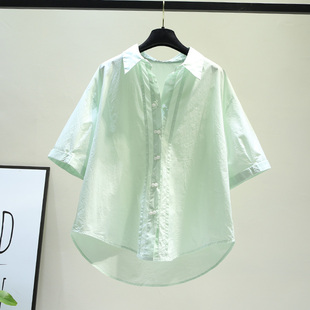 浅绿色设计感褶皱五分袖棉衬衫，女夏季韩小清新文艺范宽松(范宽松)上衣
