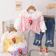女童春秋套装儿童娃娃，领长袖女宝宝，韩版毛衣马甲衬衫牛仔裤三件套