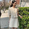 韩国chic春季法式气质圆领，爱心纽扣外套+高腰，显瘦半身裙短裙套装