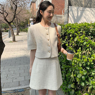 韩国chic春季法式气质圆领爱心纽扣外套+高腰显瘦半身裙短裙套装