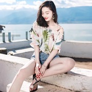 西子美丽心情夏季女装韩版修身花色五分袖吊带雪纺衫短款上衣