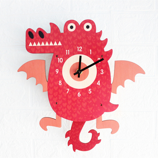 创意儿童房红色恐龙飞龙卡通木质摆幼儿园钟挂钟卡通创意钟表