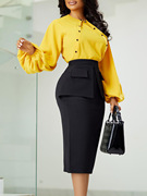 Commuter suit with hip skirt时尚气质长袖衬衫包臀裙OL通勤套装