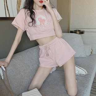 日系少女粉色休闲套装女2021夏季ins运动百搭短裤+短款上衣两件套