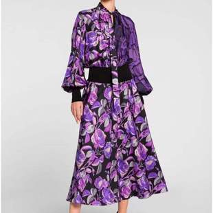 欧美时尚印花紫拼接围巾领灯笼袖橡筋收腰长款连衣裙涤纶单件