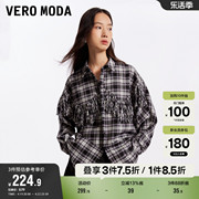 Vero Moda奥莱衬衫女春秋休闲蝙蝠袖格纹复古流苏上衣百搭