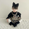 韩版女童春秋款高领泡泡，袖打底衫+卡通，背带裙套装婴童两件套潮