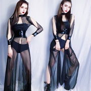 大气夜店酒吧女歌手dj欧美透视性感网纱连体长裙团体黑色套装