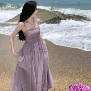 紫色超仙显瘦法式温柔风，仙女长裙海边度假沙滩裙吊带连衣裙女夏季