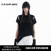 纳帕佳镂空套头短袖，毛织针织衫2024春季女式黑色，个性休闲上衣