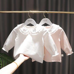 女童刺绣翻领娃娃领打底衫，六个月女宝宝白色内搭衣服，婴儿t恤小衫