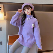 紫色樱桃雪尼尔毛衣女童冬季针织打底衫韩版纯色中大童加厚女孩百
