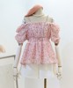 法式吊带娃娃衫2023夏季女装，浪漫印花一字领蝴蝶结粉色雪纺衫上衣