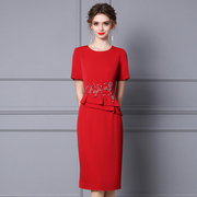枝荔酒红色连衣裙2024年夏装，高档钉珠假两件短袖收腰显瘦裙子