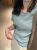 metwo陈幕后(陈幕后)奶蓝色t恤女夏季8177纯色短袖宽松圆领体恤上衣