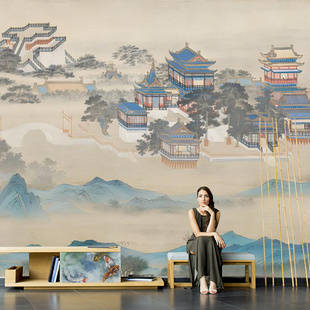 新中式轻奢山水阁楼客厅电视背景，墙纸壁布书房包厢定制壁纸壁画