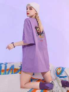紫色t恤女2024夏季纯棉宽松短袖上衣，中长款设计感小众情侣潮