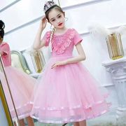 韩系24童装女童连衣裙，短袖公主裙夏季中大童，圆领蕾丝亮片时尚