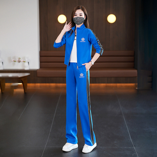 2024春季运动套装女时尚洋气时髦休闲气质蓝色广场舞团队运动服棉