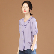 韩潮袭人高级感圆领紫色短袖衬衫女2023夏季设计感雪纺衬衣